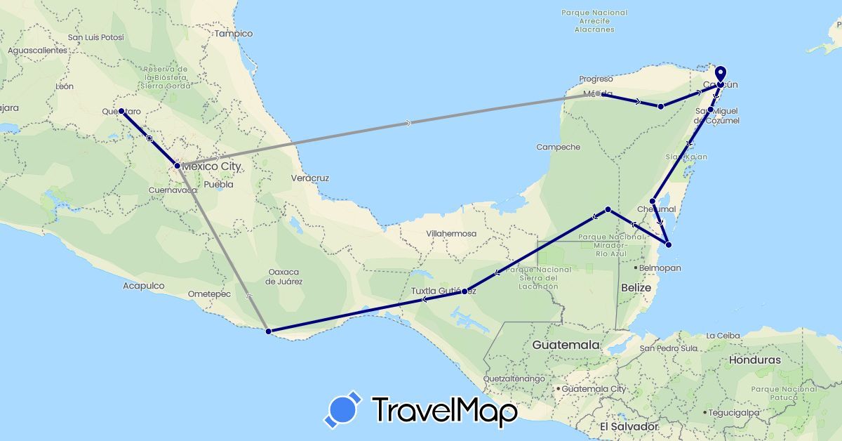 TravelMap itinerary: driving, plane in Belize, Mexico (North America)